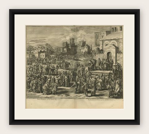 Antique Bible Print Peter's Sermon at Pentecost by J. Luyken, 1743, shown framed