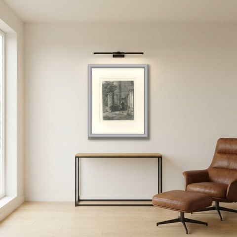 Cathedral Gateway, Chur, Antique Steel Engraving after S. Hodson, circa 1876, shown framed in a room, true to size