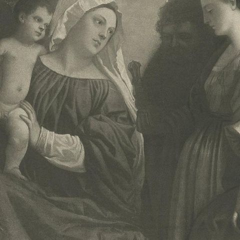 Antique Print of 'The Holy Family and Saints' Made after Titian 'c.1890', close-up 1