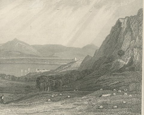 Antique View from Mount Carmel, Bay of Acre, Holy Land Engraving, circa 1850, close-up 1