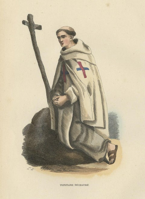 Antique Print of a Trinitarian Monk, 1845, close-up 1
