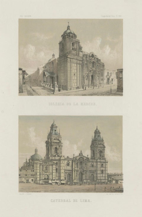 Hand-colored lithograph views of the Cathedral and La Merced Church, Lima, 1865, close-up 5