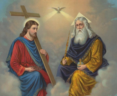 Holy Trinity Enthroned in Heaven, Antique German Chromolithograph c.1900, close-up 1