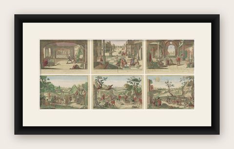 Set of 6 Vue d’Optique Prints, Story of Joseph in Egypt, Hand-Colored, c.1770, shown framed