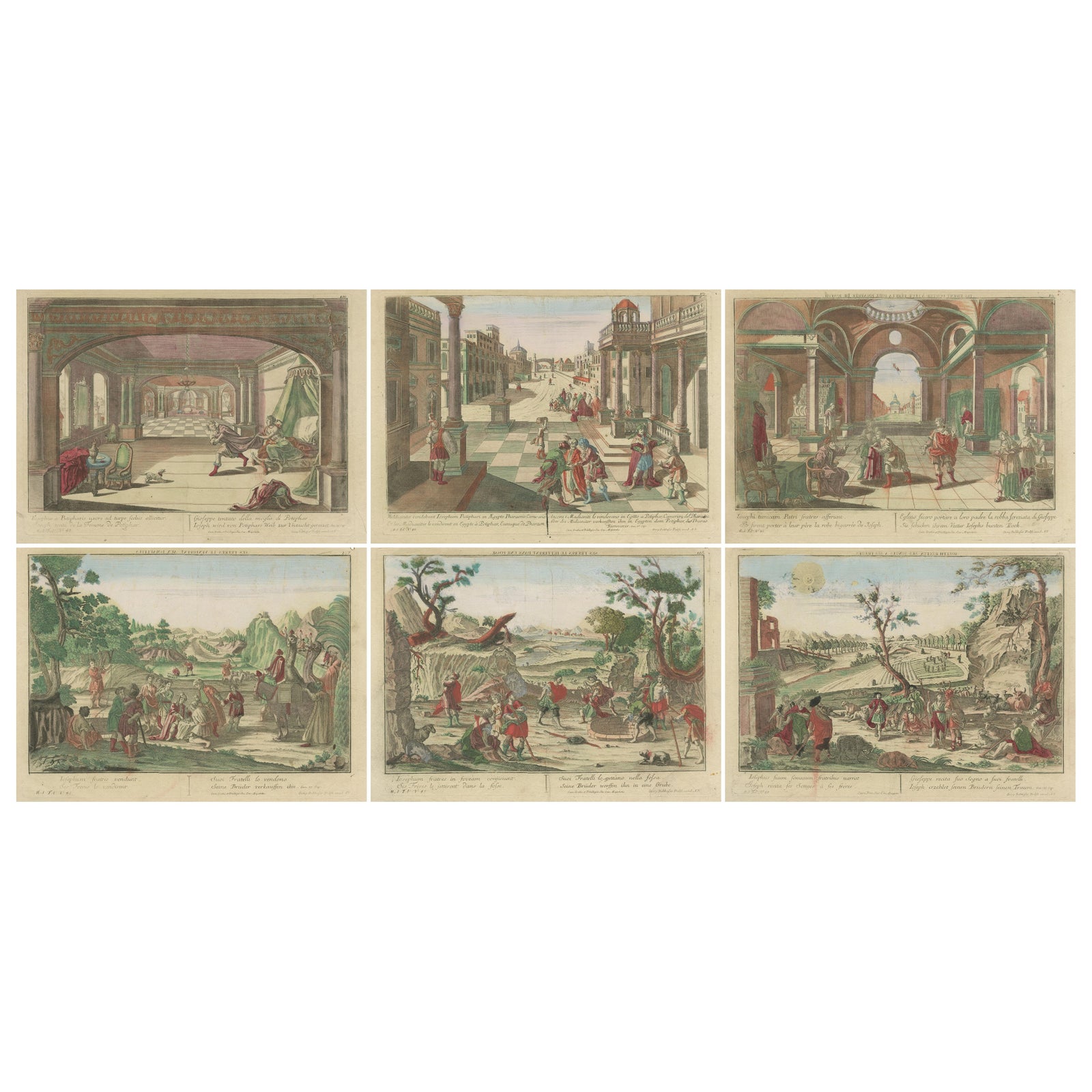 Set of 6 Vue d’Optique Prints, Story of Joseph in Egypt, Hand-Colored, c.1770