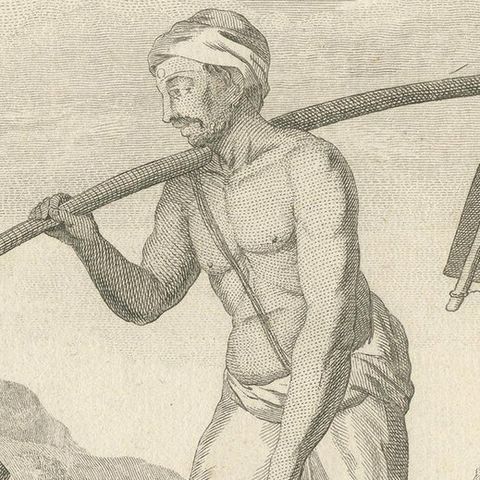 Antique Print of a Pilgrim Carrying Water from the Ganges by Poisson 'c.1790', close-up 1