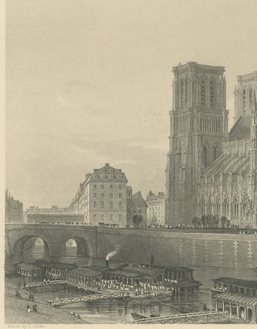 Notre Dame Cathedral, Paris, Antique Steel Engraving after T. Allom, circa 1850, close-up 1