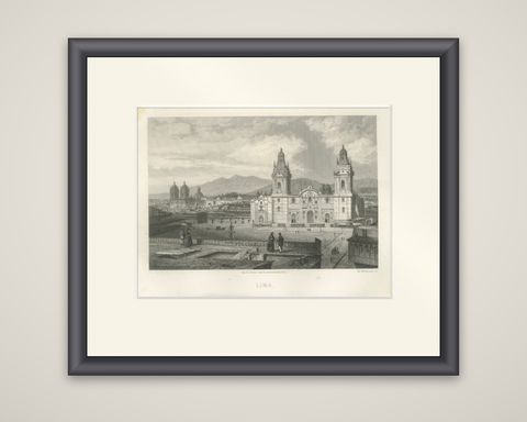 Rare Antique Engraving, Lima, Peru with Cathedral and Plaza Mayor, 1867, shown framed