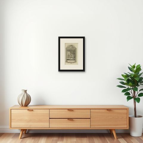 Antique Print of the Ceremony of Treading on the Crucifix, Nagasaki, Japan, shown framed on a wall, true to size