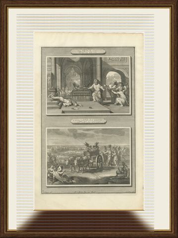 Dagon Falls Before the Ark and the Ark Sent Back, Mortier Bible circa 1700, shown framed