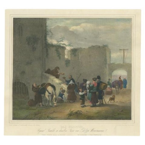 Antique Print of Travellers Halting at Convent, C.1840, view 2