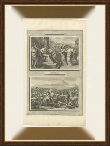 Micaiah's Prophecy and Death of King Ahab in Battle, Pieter Mortier, circa 1700, shown framed