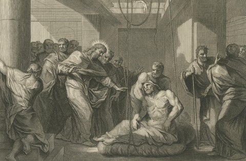 Christ Healing the Possessed and the Paralytic, Antique Biblical Print, c.1700, close-up 4