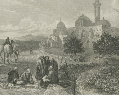 Mount Zion near Jerusalem, Antique View with Domes and Minaret, circa 1850, close-up 1