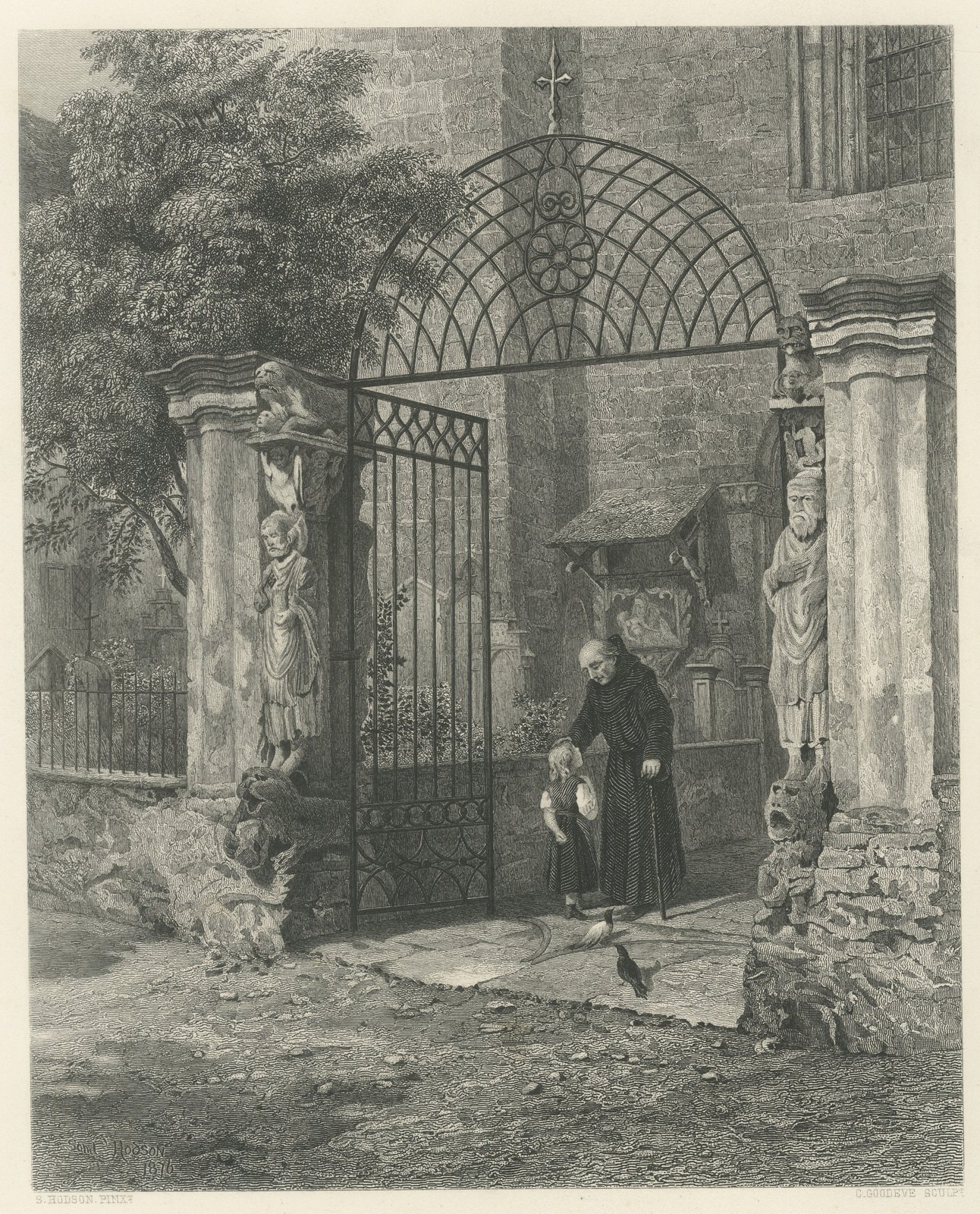 Cathedral Gateway, Chur, Antique Steel Engraving after S. Hodson, circa 1876