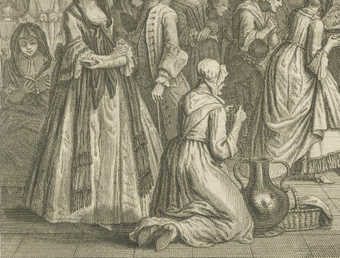 Maundy Thursday and Good Friday Rites, Old 1734 Catholic Engraving of Holy Week, close-up 3
