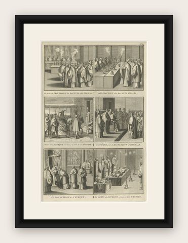 Antique Religion Print of Six Roman Catholic Habits, Rituals, Ceremonies, 1723, shown framed