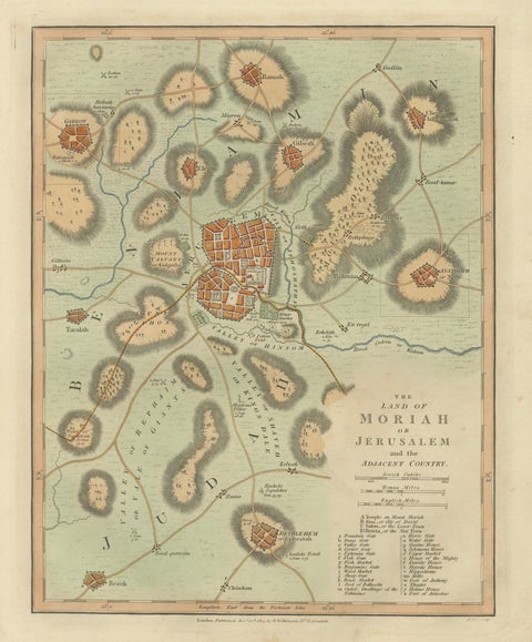 The Land of Moriah or Jerusalem & the Adjacent Country, Biblical City Map, 1814, close-up 1