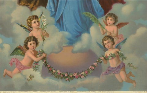 Antique Coronation of Mary Religious Chromolithograph with Gold, c. 1900, close-up 2