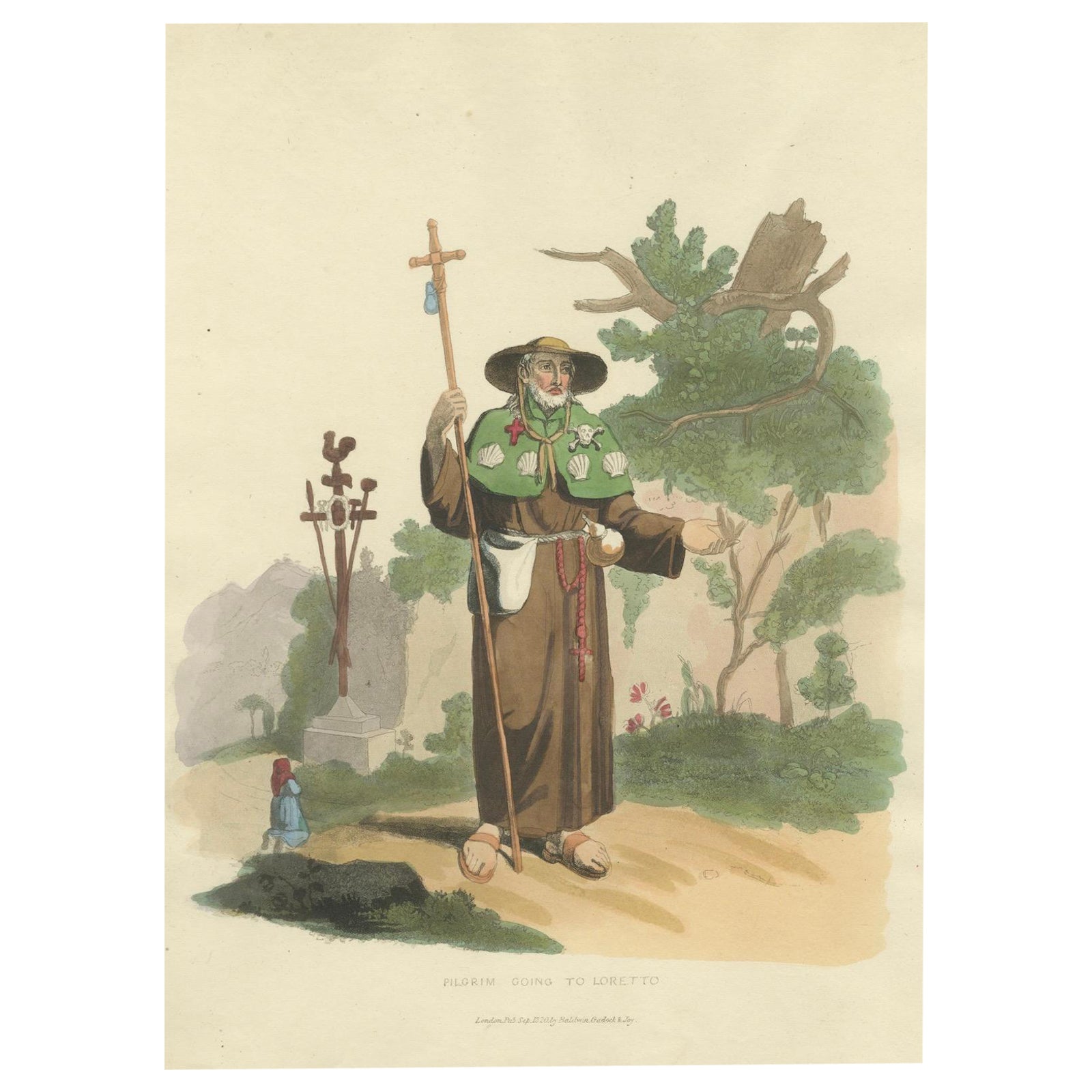 Pilgrim Going to Loretto in Italy, Hand-Coloured Print by R. Bridgens, 1835