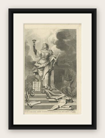 Antique Print Stating That Law is Given by Moses, Mercy and Truth by Jesus, 1725, shown framed
