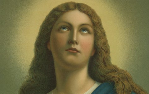 Holy Mary in Prayer, Antique German Marian Chromolithograph, 1904, close-up 3