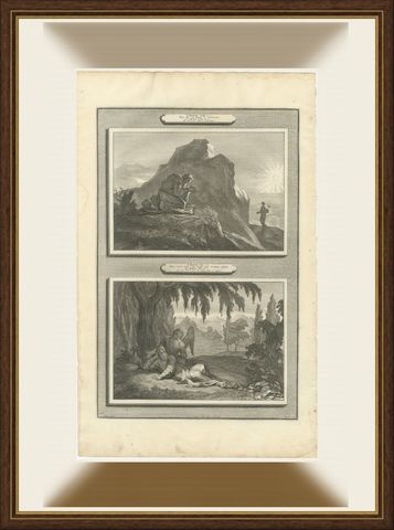 Elijah Prays for Rain and Elijah Fed by an Angel, Pieter Mortier, circa 1700, shown framed