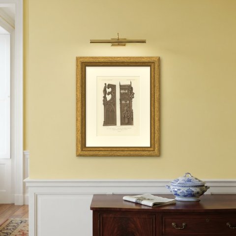Carved Oak Stalls, Cologne and Aosta, Antique Print, 1851, shown framed on a wall, true to size