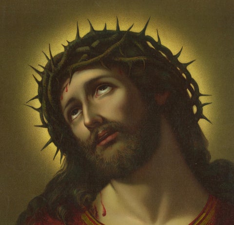 Ecce Homo, 1899 German Chromolithograph of Christ with Crown of Thorns (Dresden), close-up 1
