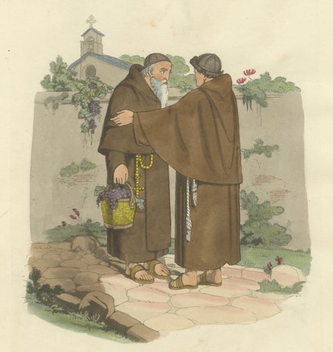 Capuchin Monks & Roman Serenity, 1820 Etching of Devotion, close-up 4