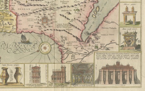 1632 Decorative Map of the Holy Land, Insets of Jerusalem and Biblical Artefacts, close-up 1