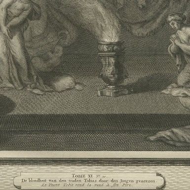 Tobias Drives Out the Demon and Heals Tobit's Blindness, Mortier circa 1700, close-up 2