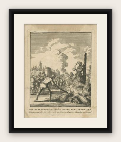Antique Print of Bellinde De Corzora Burned Alive by Luyken, circa 1698, shown framed