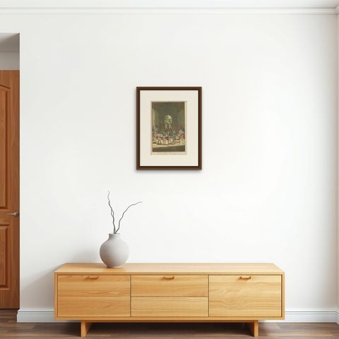 Carib Priests Instilling Courage: A Ritual Dance of the Caribbean, 1722, shown framed on a wall, true to size