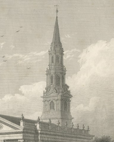 St. Paul's Chapel, Broadway, New York, Drawn by A. J. Davis, circa 1850, close-up 2
