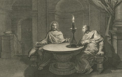 Rare Antique Print, Christ with Nicodemus & Samaritan Woman at the Well, c.1700, close-up 2