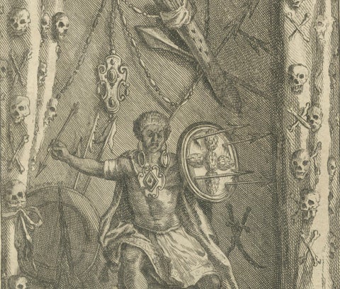 Mexican Gods and Priests, 1734 Engraving of Aztec Deities and Religious Ritual, close-up 3