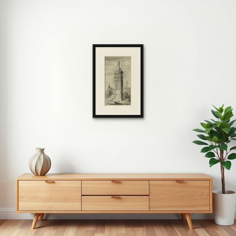 Antique Print of the Igel Column and Church, c.1650, shown framed on a wall, true to size