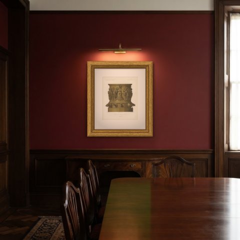 Baptismal Font at Liège, Antique Chromolithograph, Lacroix, 1851, shown framed in a room, true to size