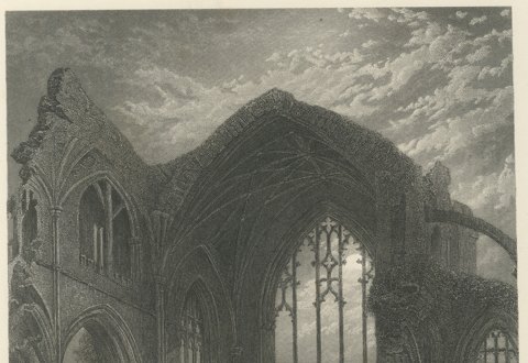Melrose Abbey, Scotland, Antique Steel Engraving after Birket Foster, circa 1876, close-up 1