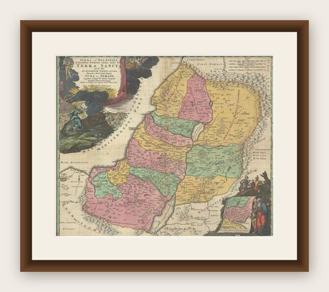 Hand-Colored Map of the Holy Land Divided Among the Twelve Tribes, c.1720, shown framed