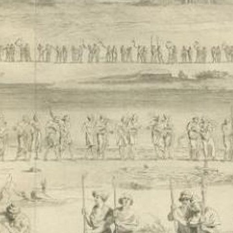 Antique Print of the Procession of The Flagellants by Morellon, c.1740, close-up 2