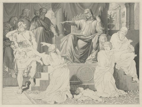 Old Print Depicting the Judgement of Solomon, Story of the Hebrew Bible, c.1890, close-up 1
