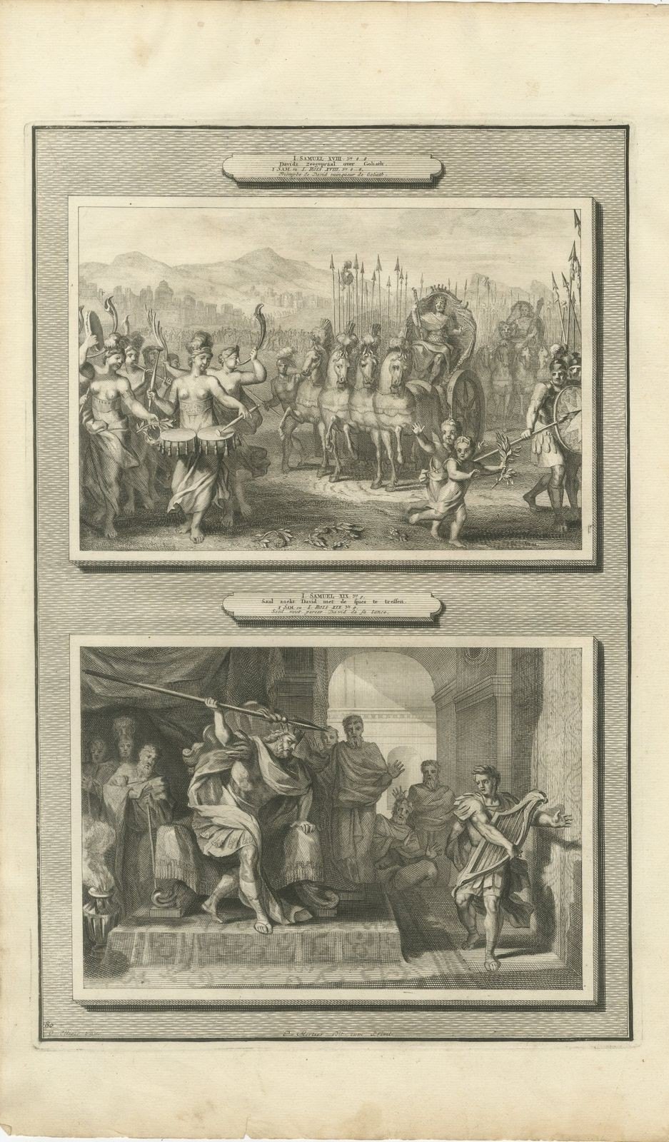Triumph of David and Saul Hurls His Spear at David, Mortier Bible circa 1700