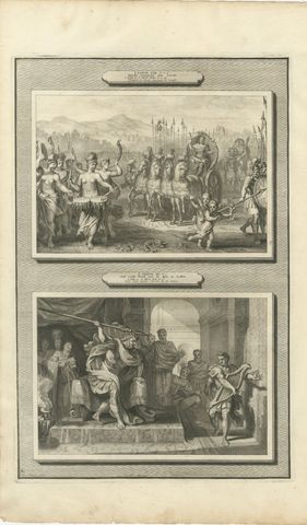 Triumph of David and Saul Hurls His Spear at David, Mortier Bible circa 1700