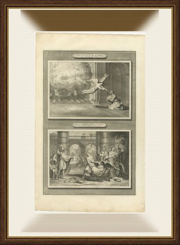 Isaiah's Vision and Jeremiah Drawn from the Pit, Pieter Mortier, circa 1700, shown framed