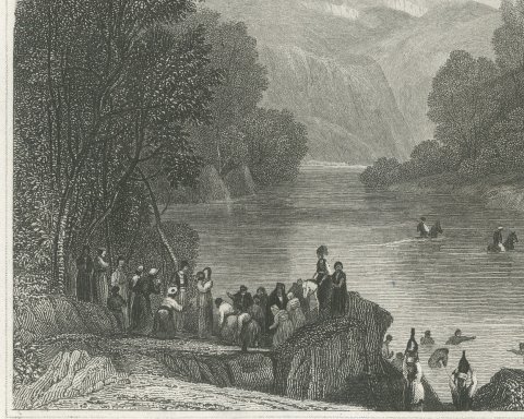 The River Jordan at Joshua's Crossing, Antique Holy Land View, circa 1850, close-up 1