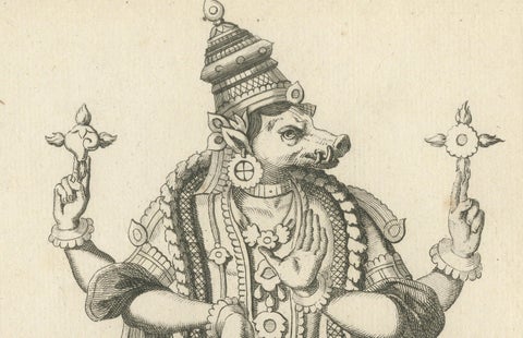 Historic 1806 Varaha Vishnu Boar Avatar Antique Print, Hindu Engraving, close-up 3
