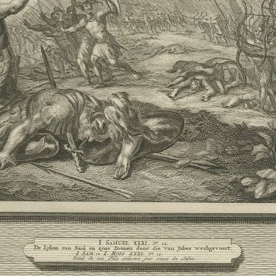 Death of Saul and the Men of Jabesh Recover His Body, Pieter Mortier, circa 1700, close-up 2