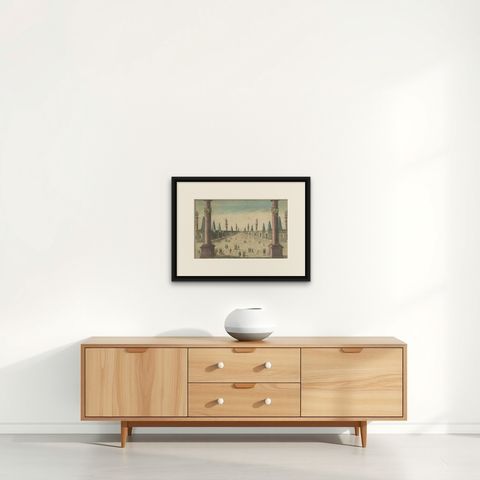 Antique Print of the Prophet's Mosque or Al-Masjid an-Nabawī in Medina, shown framed on a wall, true to size